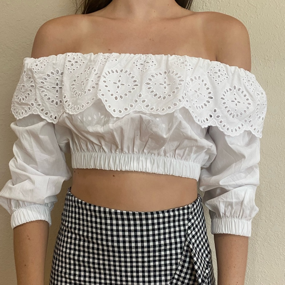 off the shoulder cropped ruffle white top